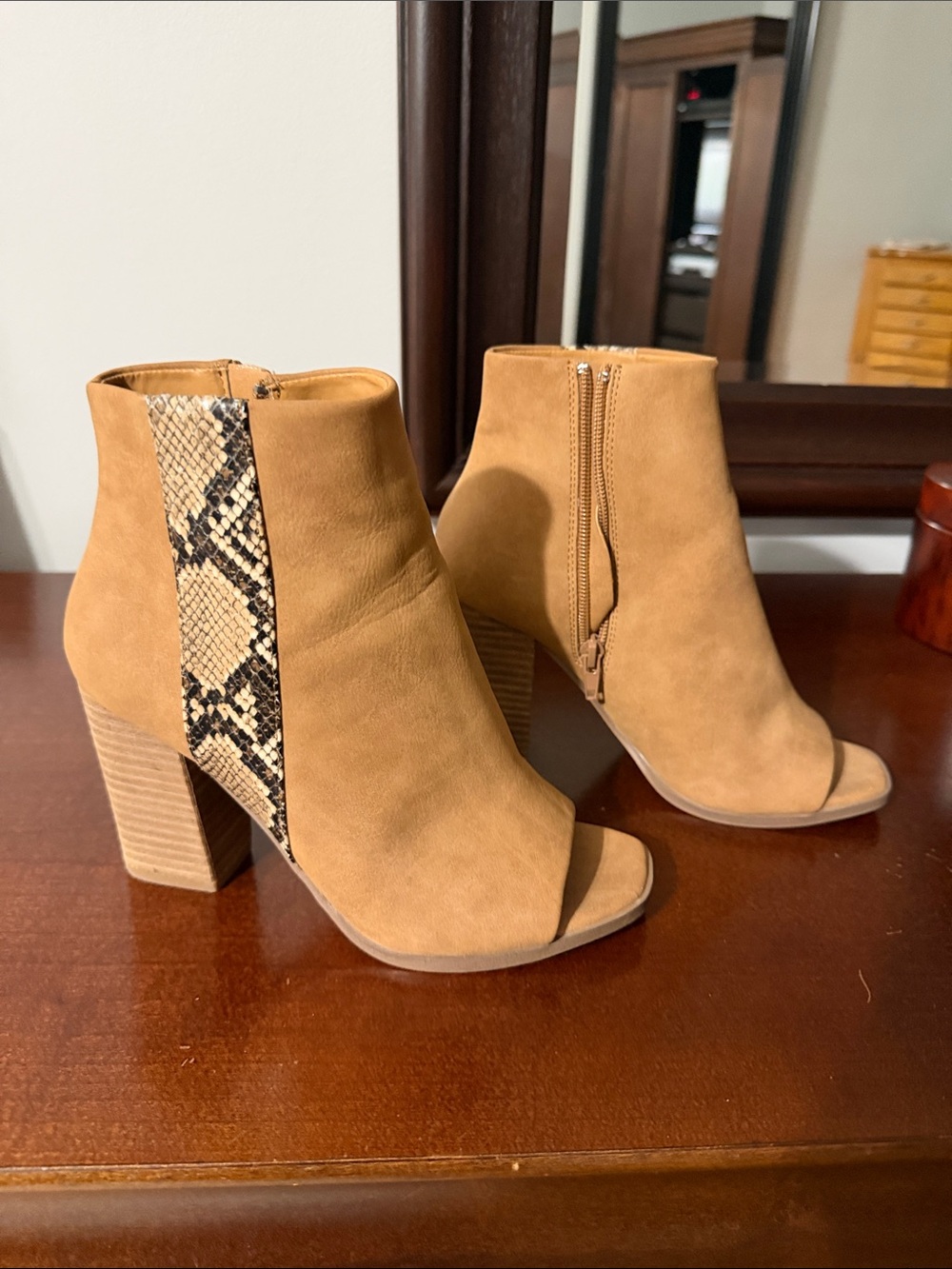 Dolce Vita Tan Suede Peep-Toe Ankle Boots with Snake-Print Panel